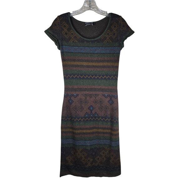 Peruvian Connection Multicolor Knit Dress With Short Sleeves & Tribal Print S - Picture 1 of 5